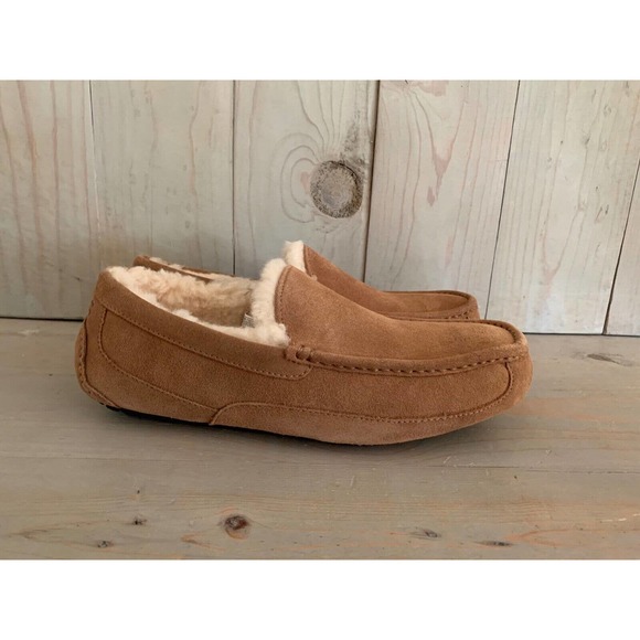 UGG ASCOT WIDE EEE CHESTNUT SUEDE SHEEPSKIN MOCCASIN SLIPPERS MENS - Picture 3 of 7